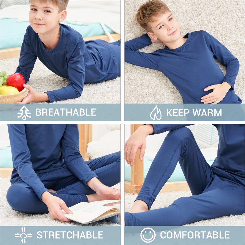 HEROBIKER Thermal Underwear Boys Ultra Soft Fleece Lined Kids Thermals Long Johns Top Bottom Warm Set for Winter Skiing Blue - Image 5